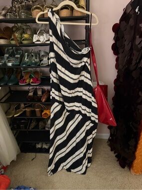 Eloquii Black and White Diagonal Stripe One-Shoulder Maxi Dress